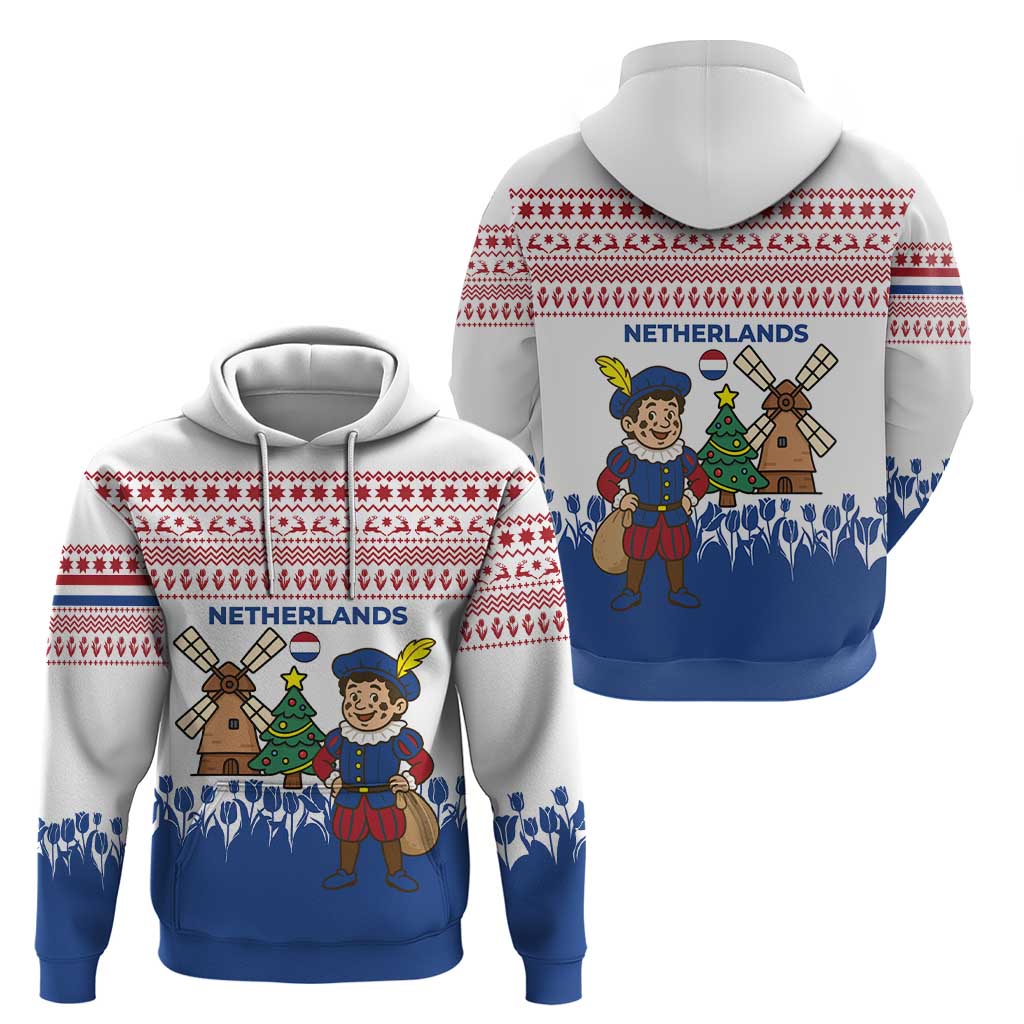 Netherlands Christmas Hoodie with Christmas Tree Windmill Piet Character and Tulip Pattern - Wonder Print Shop
