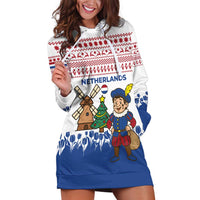 Netherlands Christmas Hoodie Dress with Christmas Tree Windmill Piet Character and Tulip Pattern - Wonder Print Shop