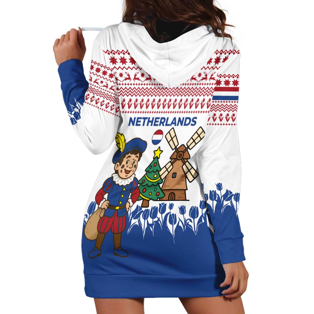 Netherlands Christmas Hoodie Dress with Christmas Tree Windmill Piet Character and Tulip Pattern - Wonder Print Shop