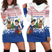Netherlands Christmas Hoodie Dress with Christmas Tree Windmill Piet Character and Tulip Pattern - Wonder Print Shop