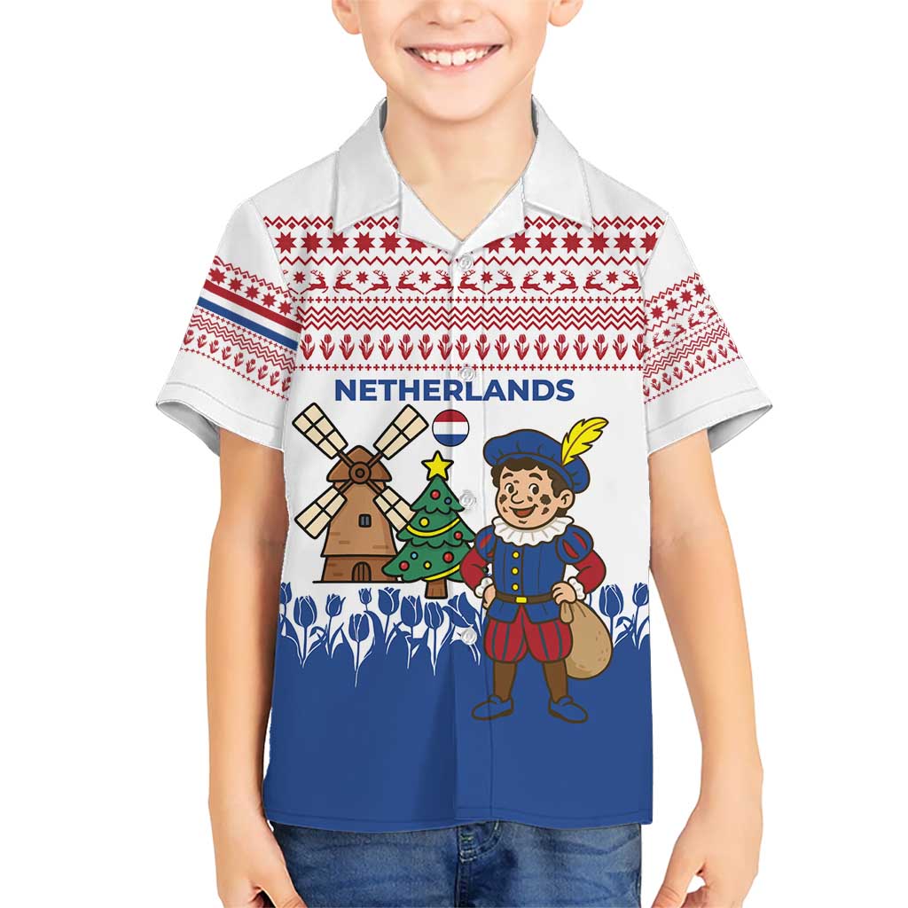 Netherlands Christmas Kid Hawaiian Shirt with Christmas Tree Windmill Piet Character and Tulip Pattern - Wonder Print Shop