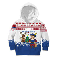 Netherlands Christmas Kid Hoodie with Christmas Tree Windmill Piet Character and Tulip Pattern - Wonder Print Shop