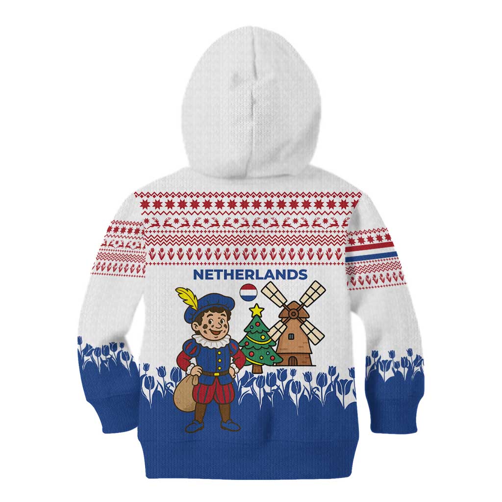 Netherlands Christmas Kid Hoodie with Christmas Tree Windmill Piet Character and Tulip Pattern - Wonder Print Shop