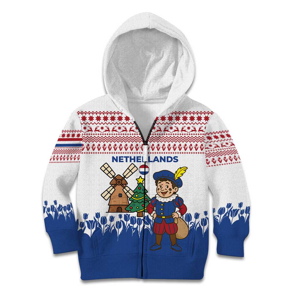 Netherlands Christmas Kid Hoodie with Christmas Tree Windmill Piet Character and Tulip Pattern - Wonder Print Shop