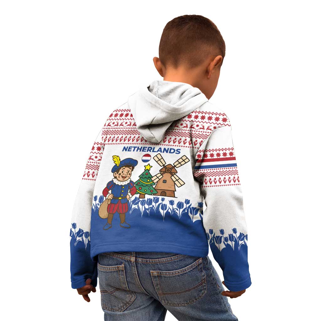 Netherlands Christmas Kid Hoodie with Christmas Tree Windmill Piet Character and Tulip Pattern - Wonder Print Shop