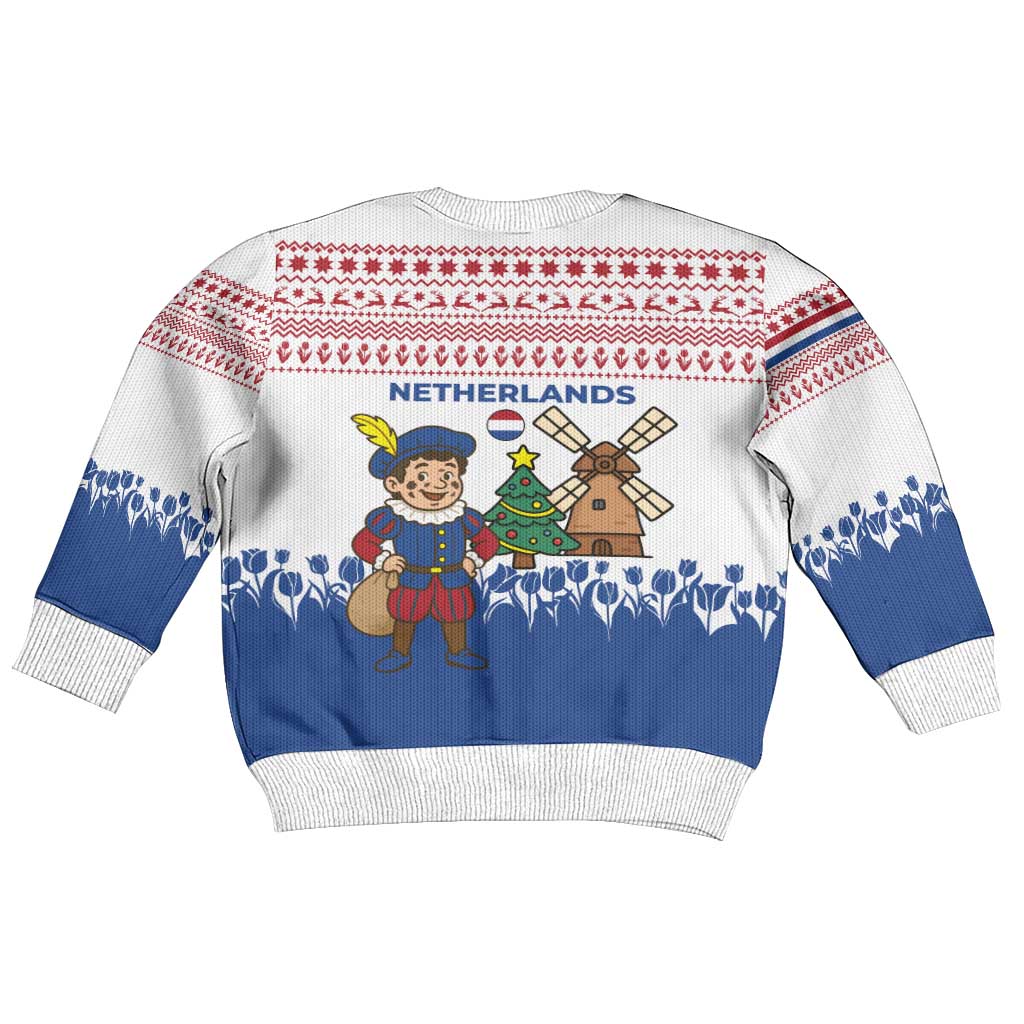 Netherlands Christmas Kid Ugly Christmas Sweater with Christmas Tree Windmill Piet Character and Tulip Pattern - Wonder Print Shop