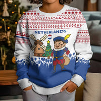 Netherlands Christmas Kid Ugly Christmas Sweater with Christmas Tree Windmill Piet Character and Tulip Pattern - Wonder Print Shop
