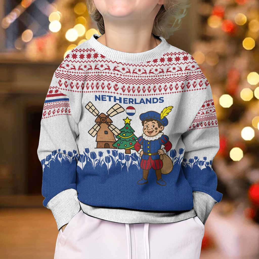 Netherlands Christmas Kid Ugly Christmas Sweater with Christmas Tree Windmill Piet Character and Tulip Pattern - Wonder Print Shop