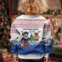 Netherlands Christmas Kid Ugly Christmas Sweater with Christmas Tree Windmill Piet Character and Tulip Pattern - Wonder Print Shop