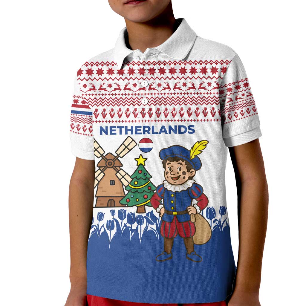 Netherlands Christmas Kid Polo Shirt with Christmas Tree Windmill Piet Character and Tulip Pattern - Wonder Print Shop