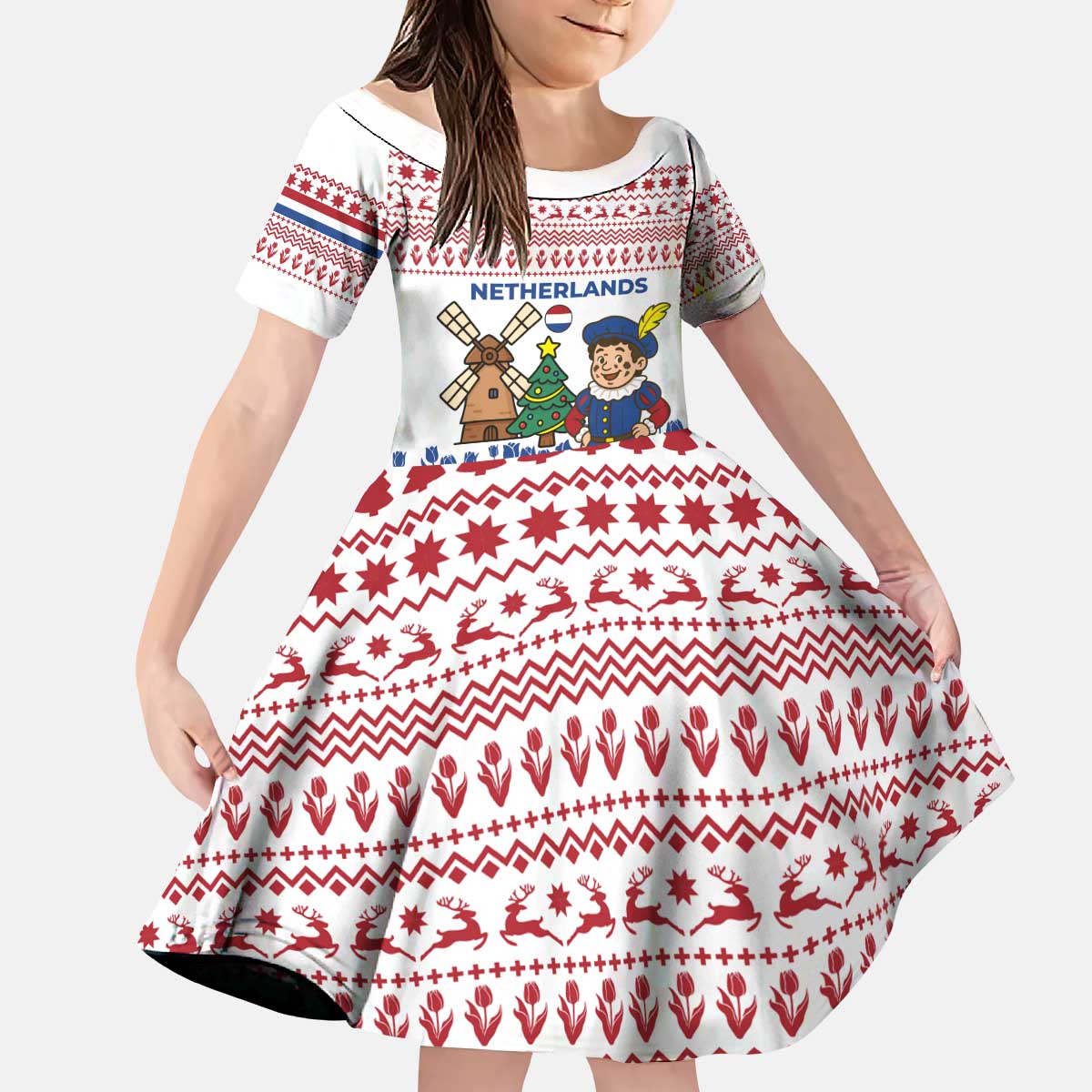 Netherlands Christmas Kid Short Sleeve Dress with Christmas Tree Windmill Piet Character and Tulip Pattern - Wonder Print Shop