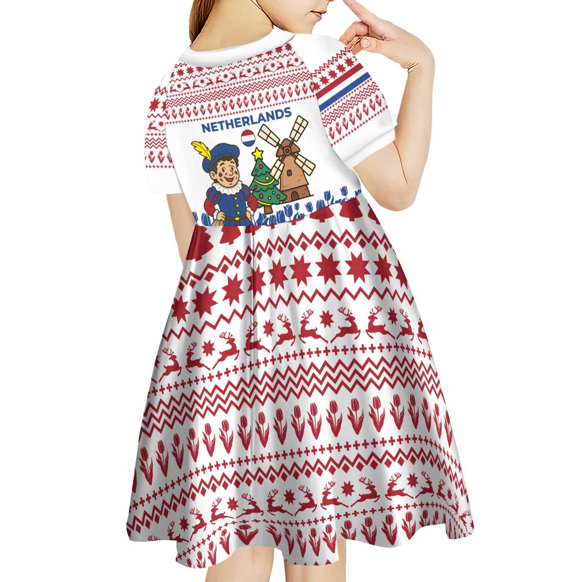 Netherlands Christmas Kid Short Sleeve Dress with Christmas Tree Windmill Piet Character and Tulip Pattern - Wonder Print Shop
