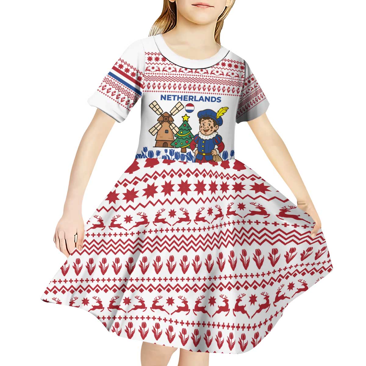 Netherlands Christmas Kid Short Sleeve Dress with Christmas Tree Windmill Piet Character and Tulip Pattern - Wonder Print Shop