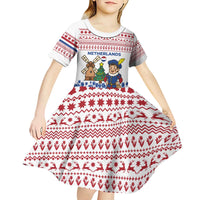 Netherlands Christmas Kid Short Sleeve Dress with Christmas Tree Windmill Piet Character and Tulip Pattern - Wonder Print Shop