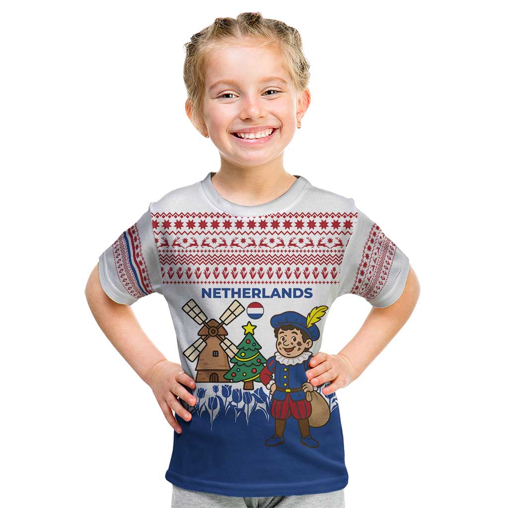Netherlands Christmas Kid T Shirt with Christmas Tree Windmill Piet Character and Tulip Pattern - Wonder Print Shop