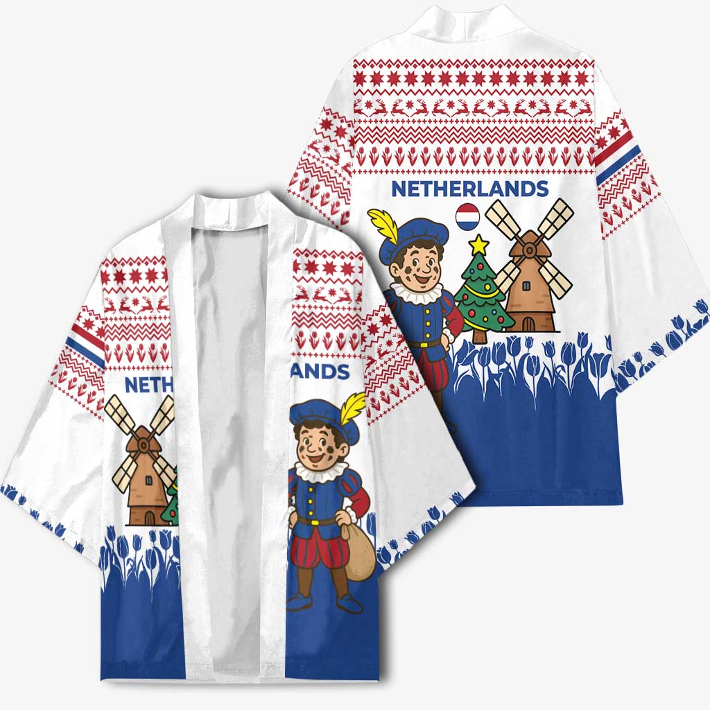 Netherlands Christmas Kimono with Christmas Tree Windmill Piet Character and Tulip Pattern - Wonder Print Shop
