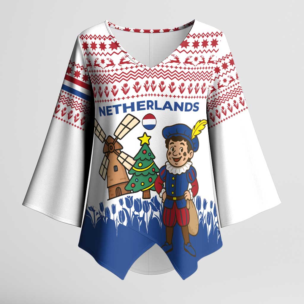 Netherlands Christmas Kimono Sleeve Blouse with Christmas Tree Windmill Piet Character and Tulip Pattern - Wonder Print Shop