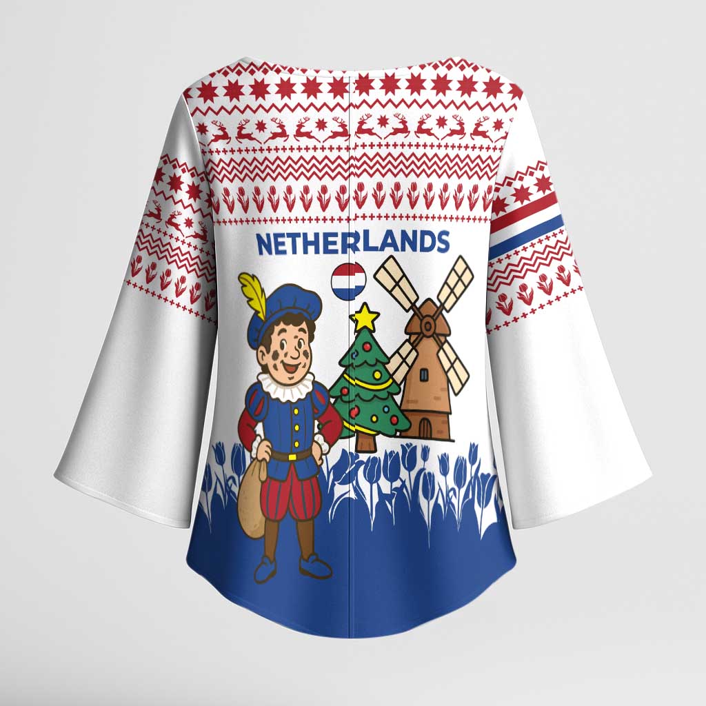 Netherlands Christmas Kimono Sleeve Blouse with Christmas Tree Windmill Piet Character and Tulip Pattern - Wonder Print Shop