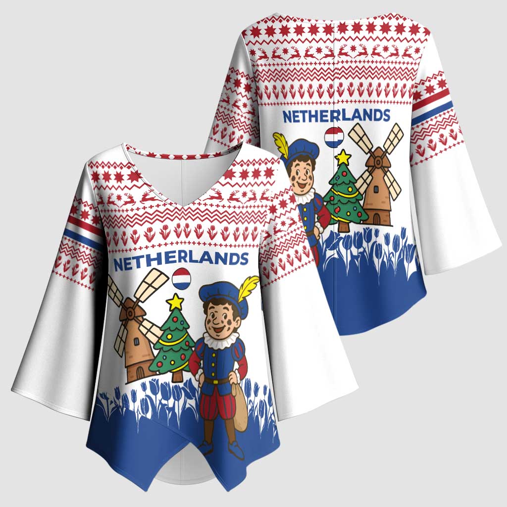 Netherlands Christmas Kimono Sleeve Blouse with Christmas Tree Windmill Piet Character and Tulip Pattern - Wonder Print Shop