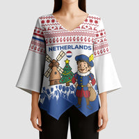 Netherlands Christmas Kimono Sleeve Blouse with Christmas Tree Windmill Piet Character and Tulip Pattern - Wonder Print Shop
