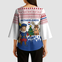 Netherlands Christmas Kimono Sleeve Blouse with Christmas Tree Windmill Piet Character and Tulip Pattern - Wonder Print Shop