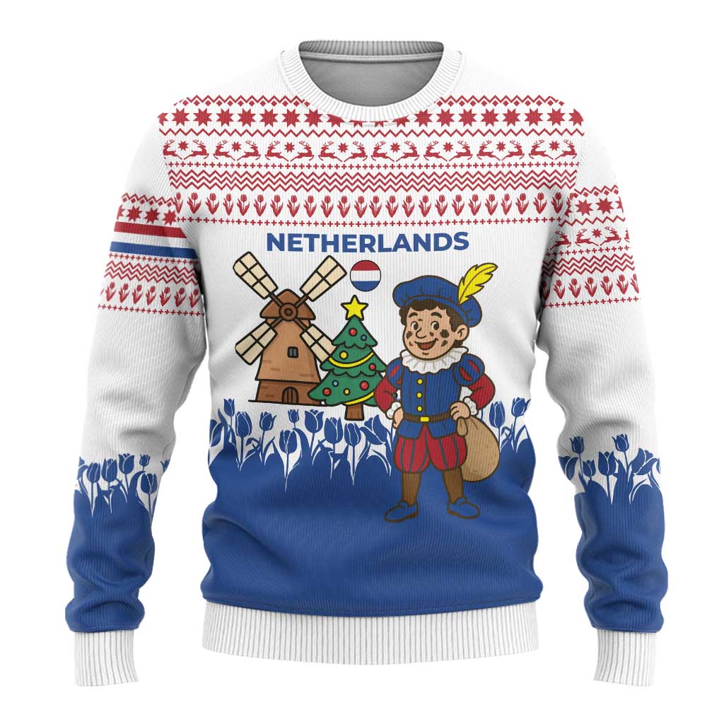 Netherlands Christmas Ugly Christmas Sweater with Christmas Tree Windmill Piet Character and Tulip Pattern - Wonder Print Shop
