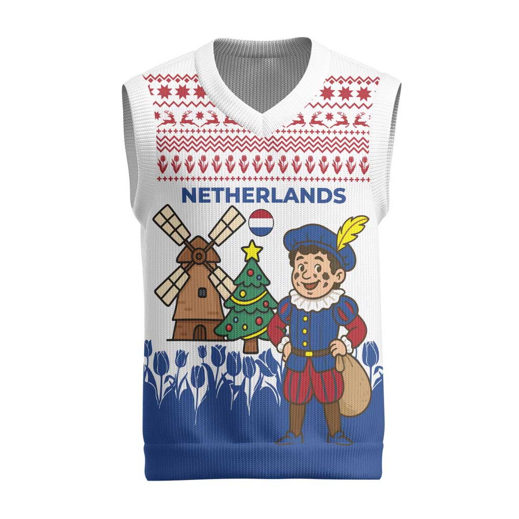 Netherlands Christmas Knitted V-Neck Vest with Christmas Tree Windmill Piet Character and Tulip Pattern - Wonder Print Shop