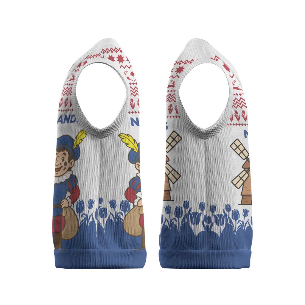 Netherlands Christmas Knitted V-Neck Vest with Christmas Tree Windmill Piet Character and Tulip Pattern - Wonder Print Shop