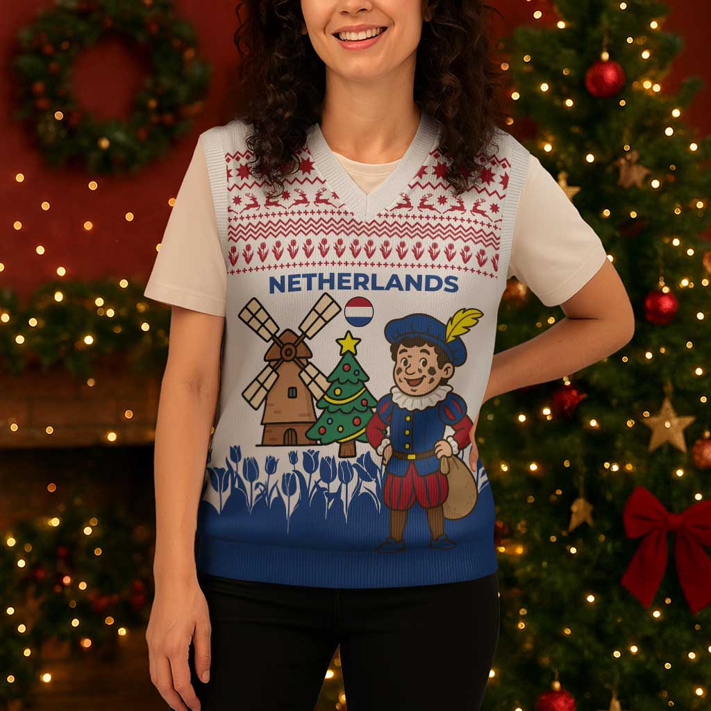 Netherlands Christmas Knitted V-Neck Vest with Christmas Tree Windmill Piet Character and Tulip Pattern - Wonder Print Shop