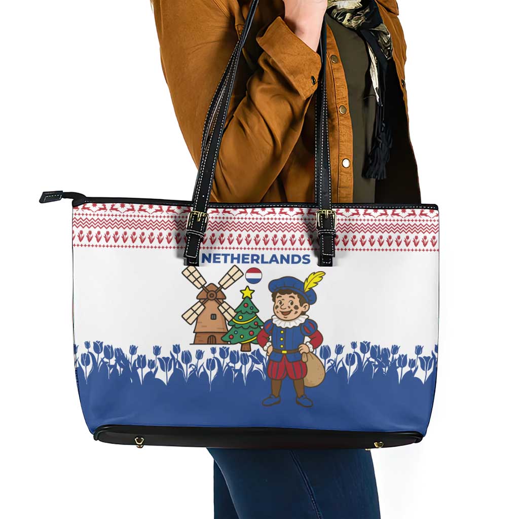 Netherlands Christmas Leather Tote Bag with Christmas Tree Windmill Piet Character and Tulip Pattern - Wonder Print Shop
