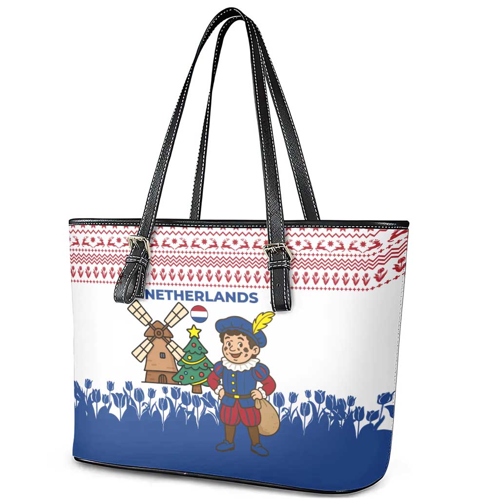 Netherlands Christmas Leather Tote Bag with Christmas Tree Windmill Piet Character and Tulip Pattern - Wonder Print Shop