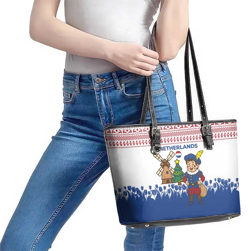 Netherlands Christmas Leather Tote Bag with Christmas Tree Windmill Piet Character and Tulip Pattern - Wonder Print Shop