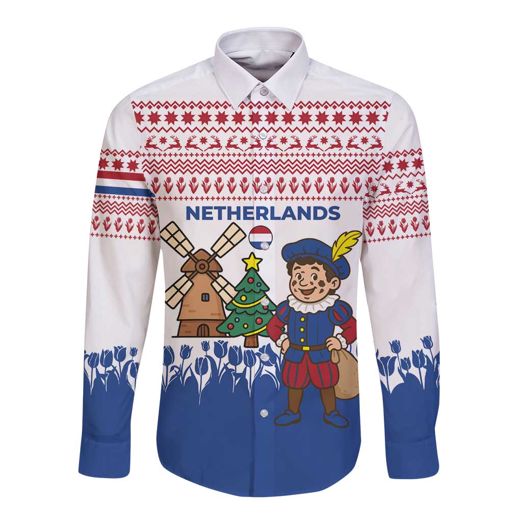 Netherlands Christmas Long Sleeve Button Shirt with Christmas Tree Windmill Piet Character and Tulip Pattern - Wonder Print Shop