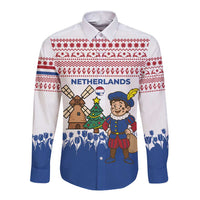 Netherlands Christmas Long Sleeve Button Shirt with Christmas Tree Windmill Piet Character and Tulip Pattern - Wonder Print Shop