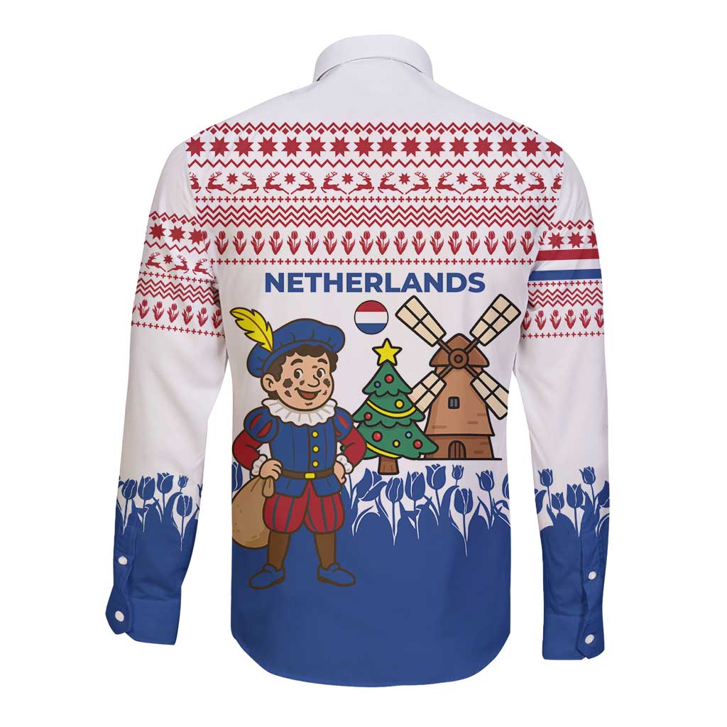 Netherlands Christmas Long Sleeve Button Shirt with Christmas Tree Windmill Piet Character and Tulip Pattern - Wonder Print Shop