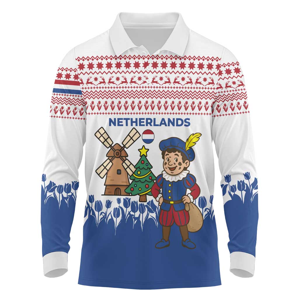Netherlands Christmas Long Sleeve Polo Shirt with Christmas Tree Windmill Piet Character and Tulip Pattern - Wonder Print Shop