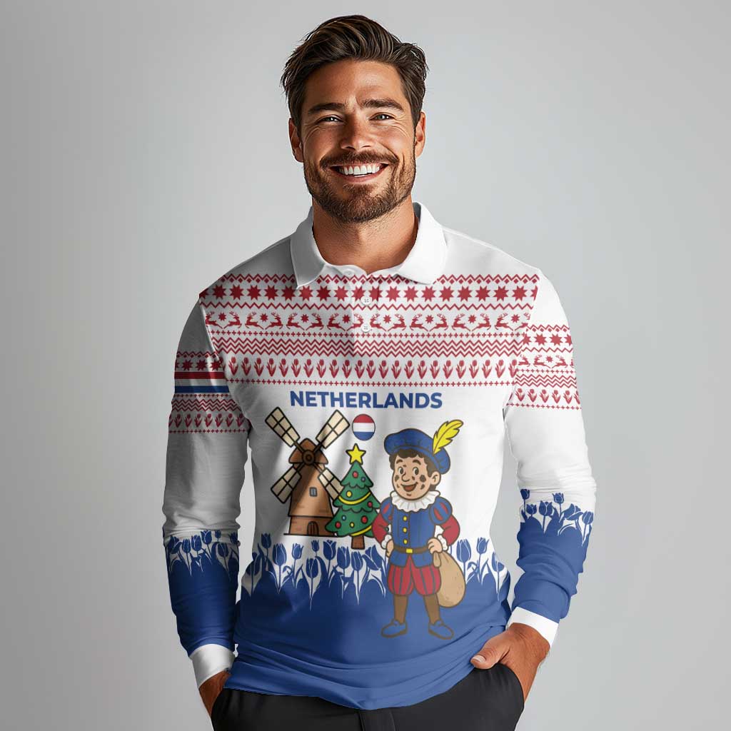 Netherlands Christmas Long Sleeve Polo Shirt with Christmas Tree Windmill Piet Character and Tulip Pattern - Wonder Print Shop