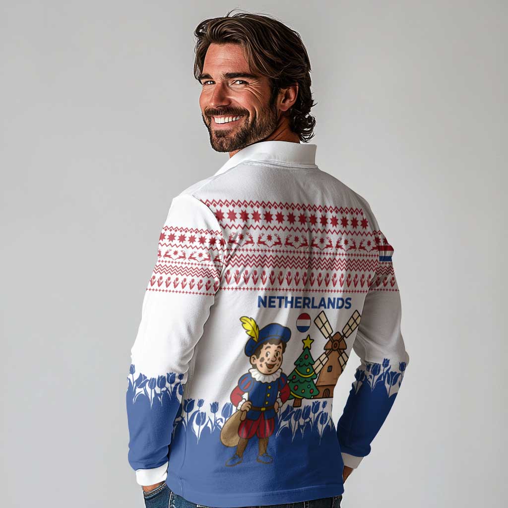 Netherlands Christmas Long Sleeve Polo Shirt with Christmas Tree Windmill Piet Character and Tulip Pattern - Wonder Print Shop