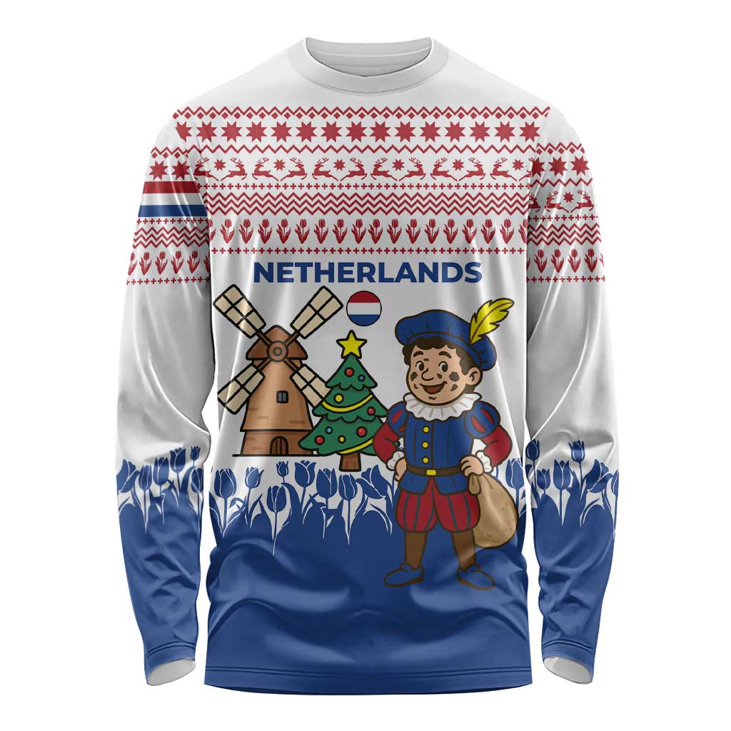Netherlands Christmas Long Sleeve Shirt with Christmas Tree Windmill Piet Character and Tulip Pattern - Wonder Print Shop