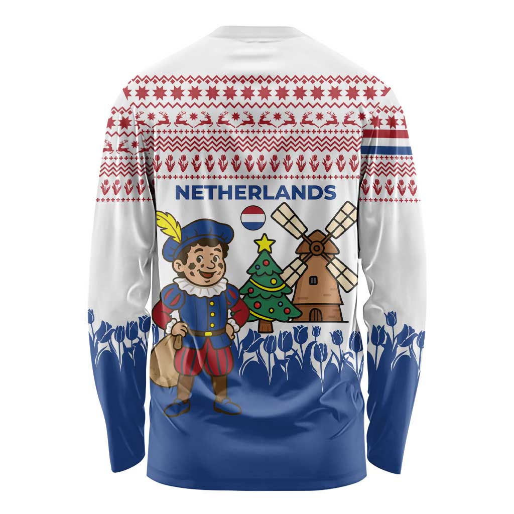 Netherlands Christmas Long Sleeve Shirt with Christmas Tree Windmill Piet Character and Tulip Pattern - Wonder Print Shop