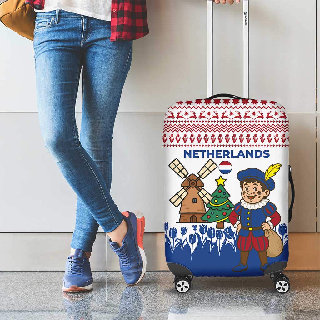 Netherlands Christmas Luggage Cover with Christmas Tree Windmill Piet Character and Tulip Pattern - Wonder Print Shop
