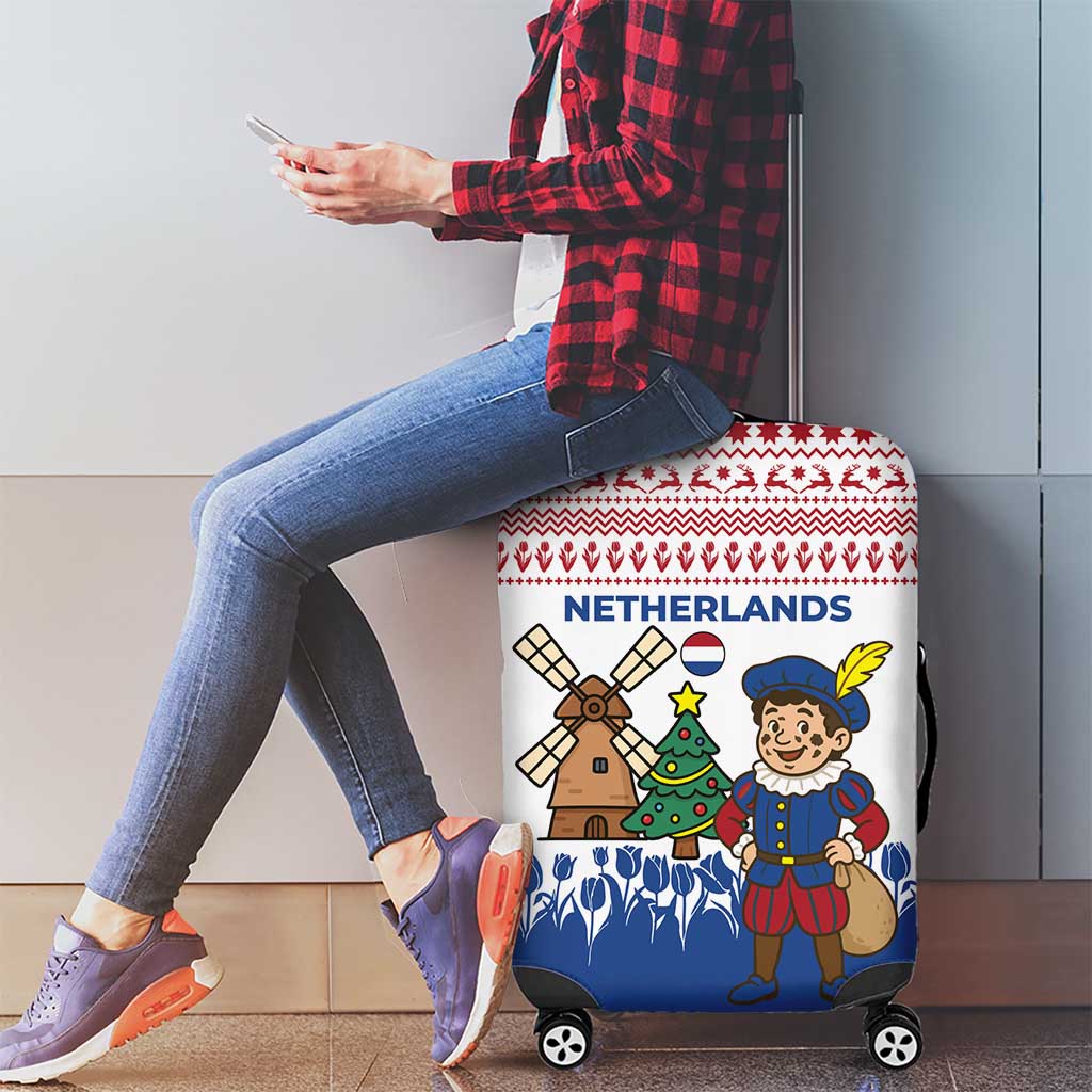 Netherlands Christmas Luggage Cover with Christmas Tree Windmill Piet Character and Tulip Pattern - Wonder Print Shop