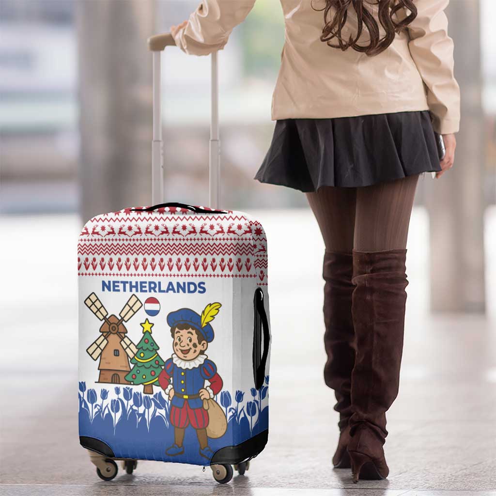 Netherlands Christmas Luggage Cover with Christmas Tree Windmill Piet Character and Tulip Pattern - Wonder Print Shop