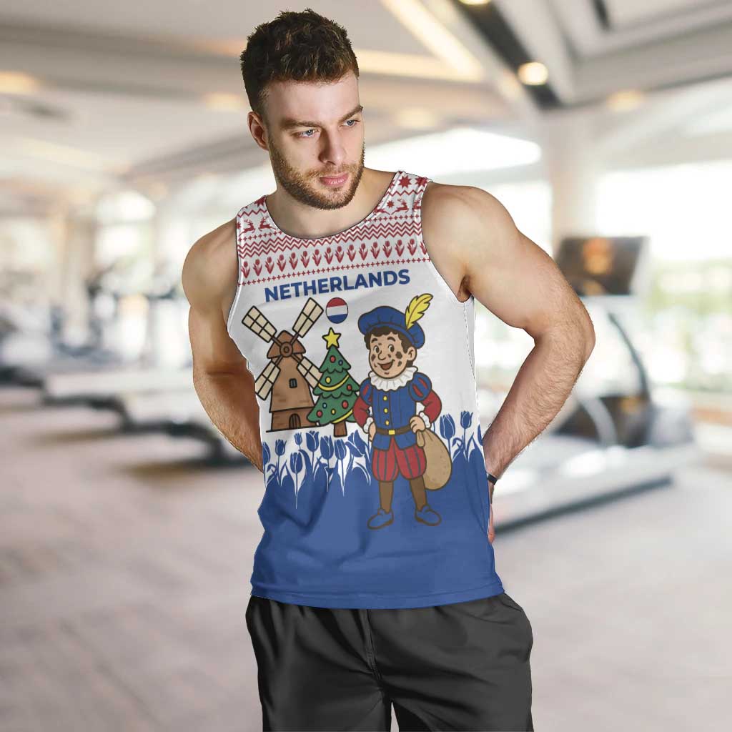 Netherlands Christmas Men Tank Top with Christmas Tree Windmill Piet Character and Tulip Pattern - Wonder Print Shop
