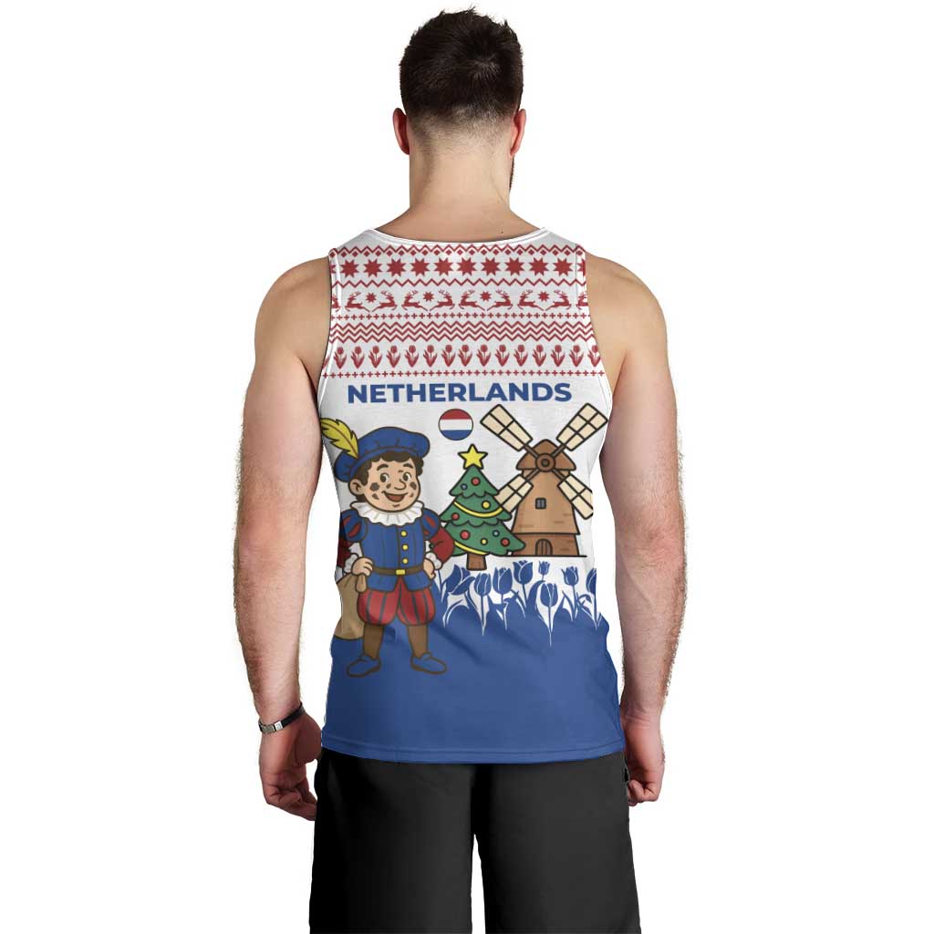 Netherlands Christmas Men Tank Top with Christmas Tree Windmill Piet Character and Tulip Pattern - Wonder Print Shop
