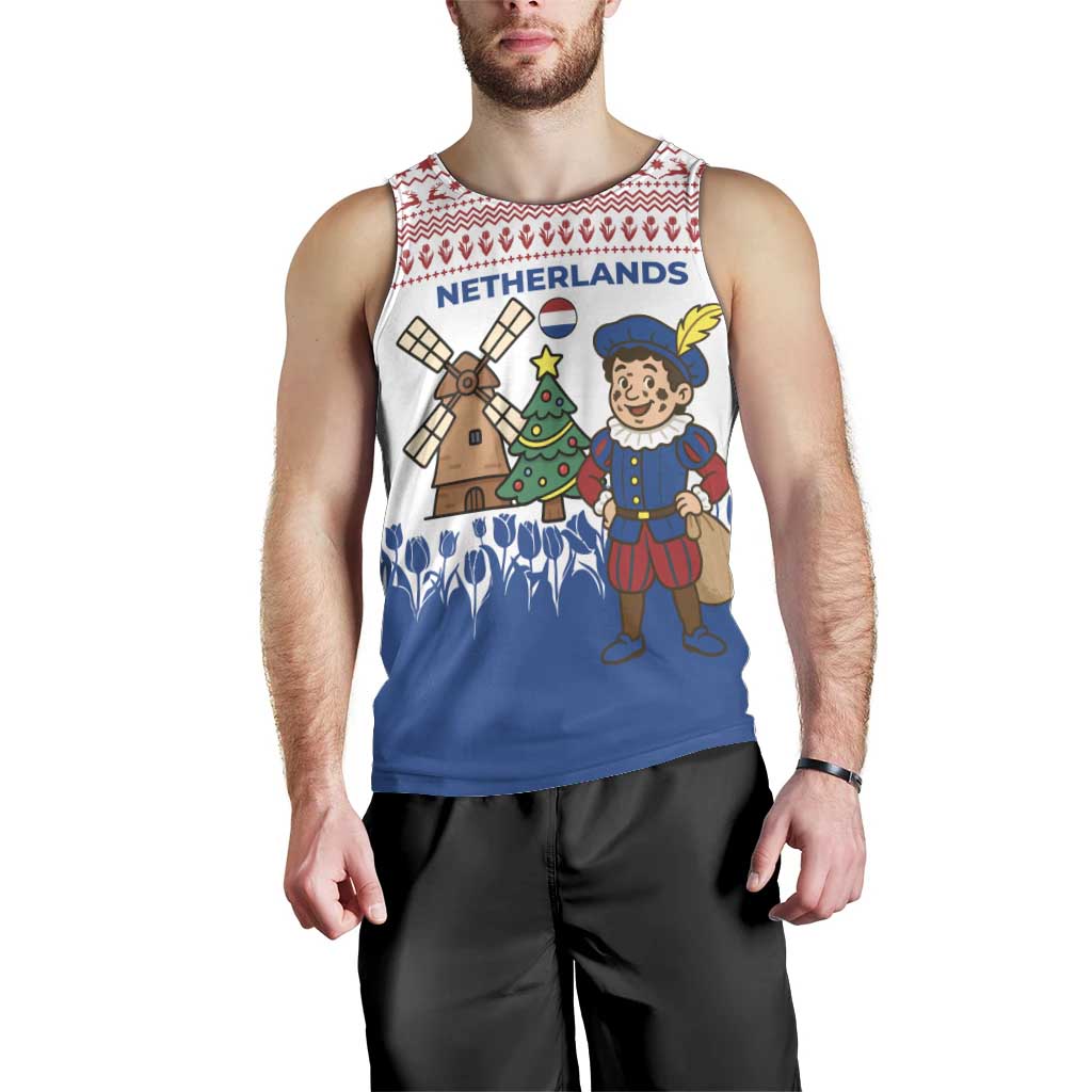 Netherlands Christmas Men Tank Top with Christmas Tree Windmill Piet Character and Tulip Pattern - Wonder Print Shop