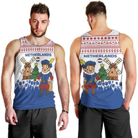 Netherlands Christmas Men Tank Top with Christmas Tree Windmill Piet Character and Tulip Pattern - Wonder Print Shop