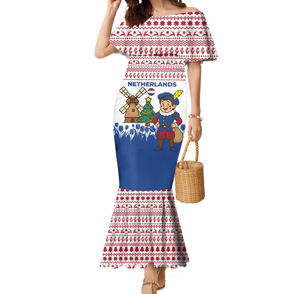 Netherlands Christmas Mermaid Dress with Christmas Tree Windmill Piet Character and Tulip Pattern - Wonder Print Shop