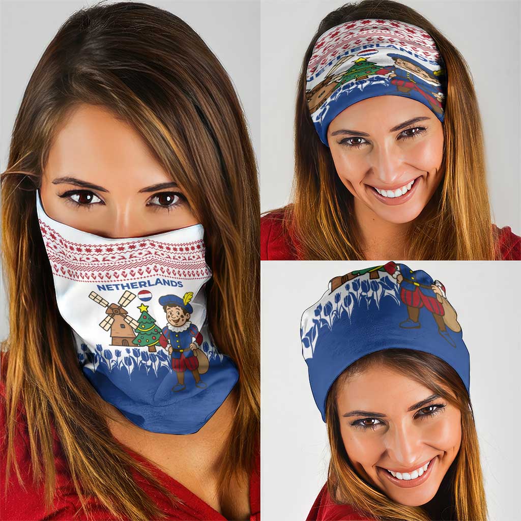 Netherlands Christmas Neck Gaiter with Christmas Tree Windmill Piet Character and Tulip Pattern - Wonder Print Shop