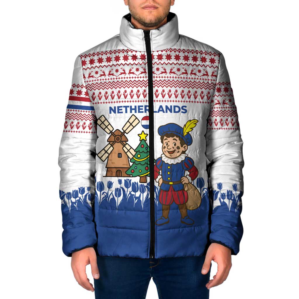 Netherlands Christmas Padded Jacket with Christmas Tree Windmill Piet Character and Tulip Pattern - Wonder Print Shop